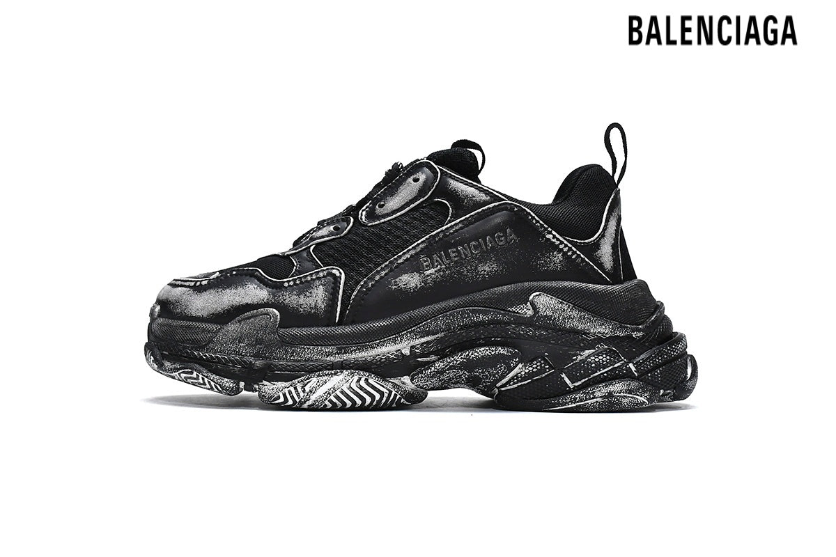 Balenciaga Triple S men's shoes  women sneakers Black Vintage Washed