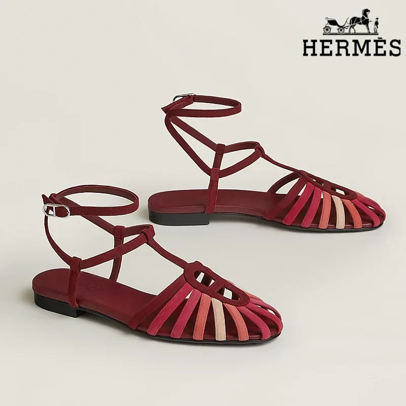 Herm¨¨s Multicolor Red Suede Ankle Strap Cage Sandals